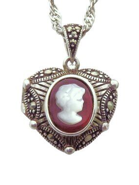 Vintage Sterling Silver Shell Cameo & Marcasite Heart Locket Pendant Necklace